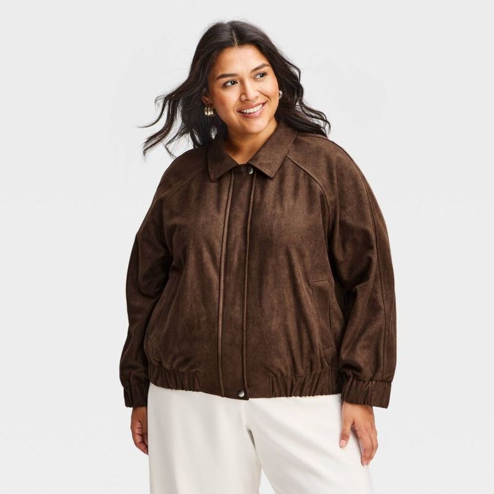 Women's Long Sleeve Zip-Up Faux Suede Jacket - A New Day Dark Brown XXL